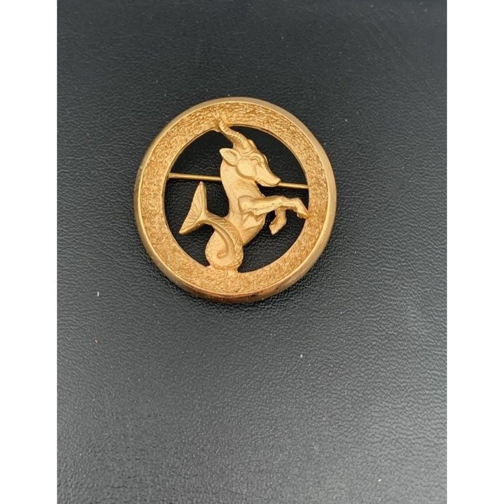 Vintage Crown Trifari Capricorn Zodiak Sign Retro Circle Brushed Gold Brooch Pin
